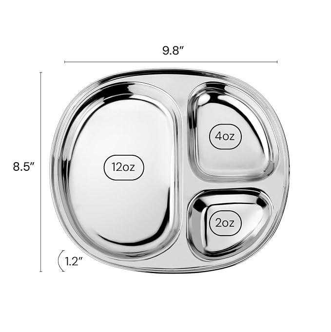 Ahimsa Stainless Steel Kids Plate, Pediatrician Designed Divided Toddler & Baby Plates, Non Toxic, Unbreakable & Dishwasher Safe, Polished