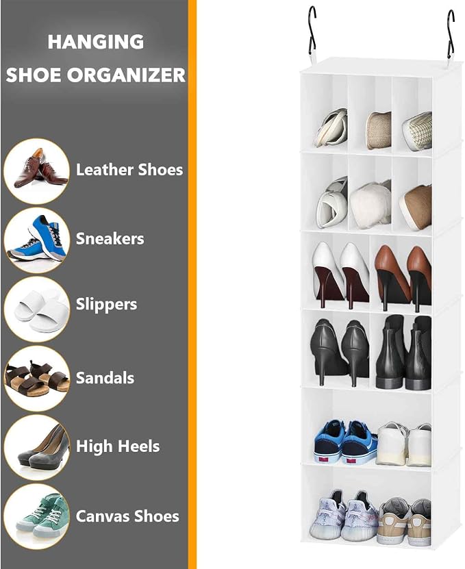 SpaceAid 2 Pack Hanging Closet Organizer and Storage with Dividers, 24 Compartments Hanging Shoe Shelves for Closet, Wardrobe, RV, Garment Rack - White