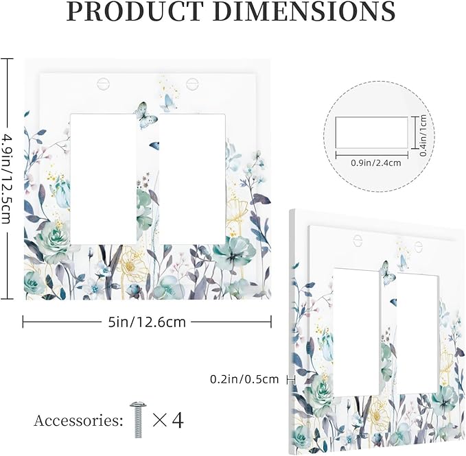 Romantic Floral Butterfly Leaf Flower Golden Pollen Decorative Outlet Covers 2 Gang Double GFCI Rocker Electrical Wall Panels Light Switch Cover Plate for Bedroom Living Room Decor