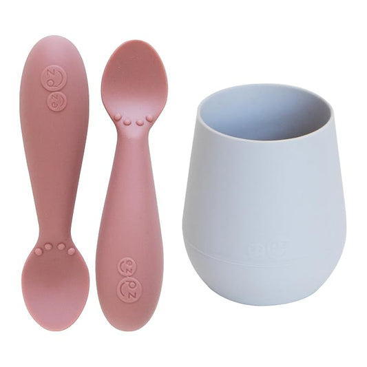 ezpz Tiny Cup (Pewter) + Tiny Spoon (2 Pack in Blush) - baby essentials, cup and spoon