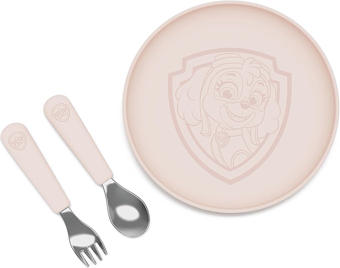 Lalo PAW Patrol Plate & Utensil Set For Kids - Dishwasher Safe Toddler Dinnerware Set - BPA Free for Over 12 Months - Includes Plate, Ergonomic Spoon and Fork - 3 Pieces - Skye