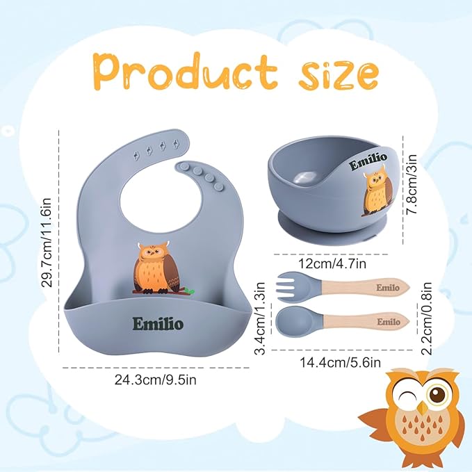 TYRY.HU Personalized Silicone Baby Feeding Set, Custom Baby Led Weaning Supplies Self Feeding Utensils, Suction Bowl, Bibs with Spoons Forks with Name (Grey)