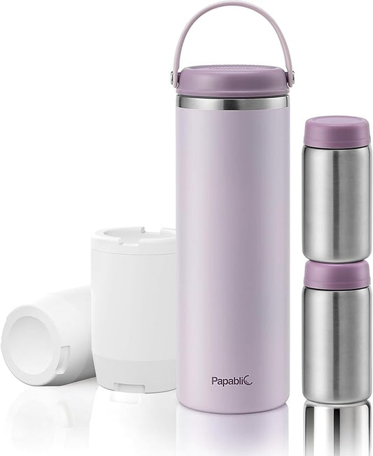 Papablic 360° CapsuleChill Breastmilk Cooler for 36H Safe Storage, Stress-Free Portable Breast Milk Chiller for Working Mom, 20oz Travel Cooler with 2pcs Stainless Steel Baby Bottles, Lilac Purple