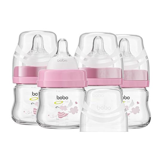 YOHKOH Glass Baby Bottles with Slow Flow Nipple, Newborn Anti-Colic Baby Bottles for 0+ Months, Wide Neck Feeding Bottle, Clear (Red, 2.7oz (Pack of 4))