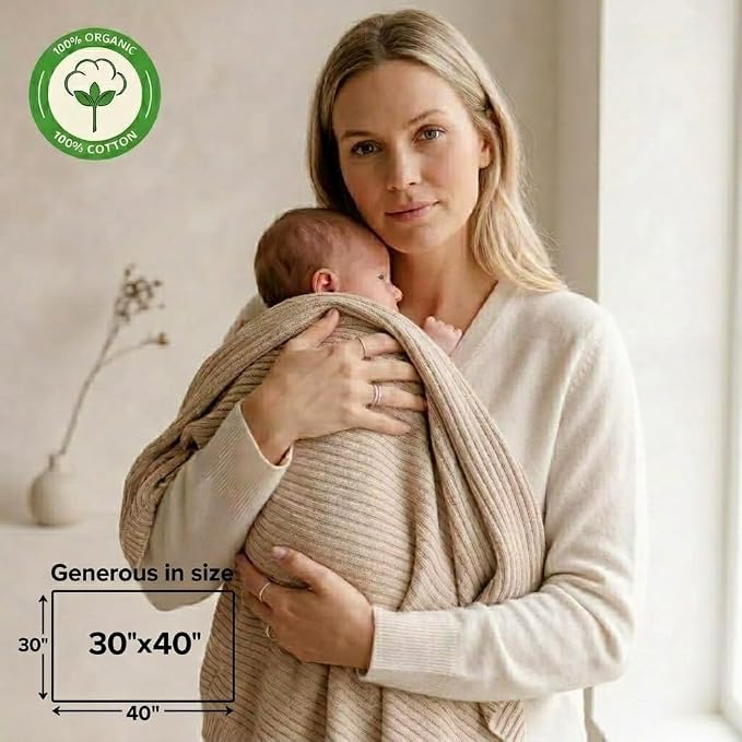 100% Organic Cotton Knit Receiving Baby Boy Blanket for Newborns - Soft, Breathable Swaddle Blanket for Crib & Stroller - Nursery Gift 2-Pack (Ribbed Fog/Baby Blue).