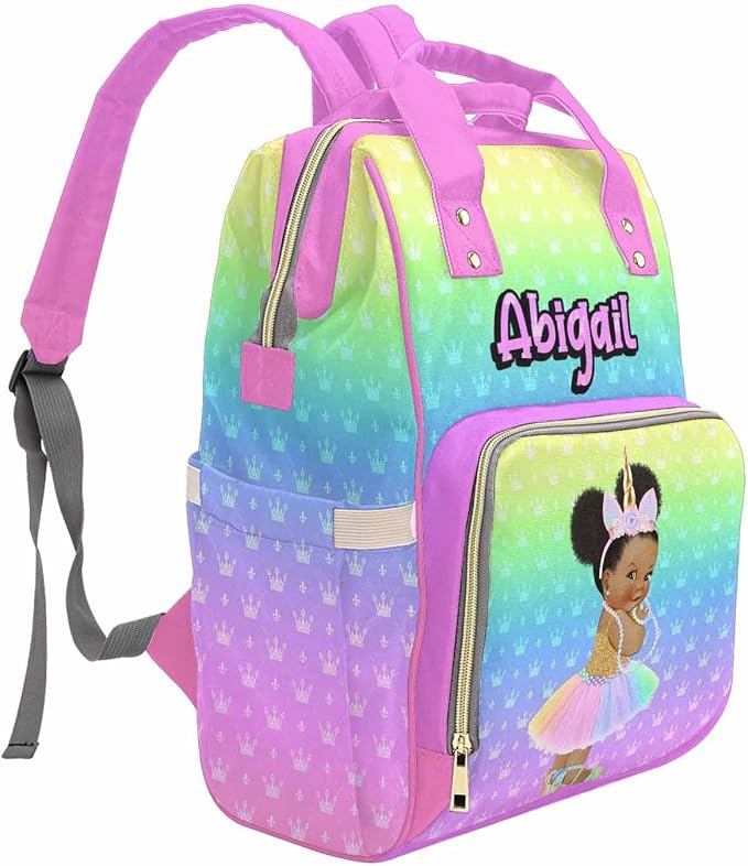 Personalized Name Diaper Baby Bag for Holiday Birthday Gift, Custom Multicolor Crown Mommy Nursing Backpack with Large Capacity Travel Daypack for Women Wife