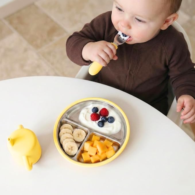 Stainless Steel Baby & Toddler Plate with Suction, Set of 2 Divided Plates with Removable Silicone Sleeves, Non Toxic BPA Free Non-Slip Unbreakable Kids Dishes (Butter Yellow & Baby Blue)