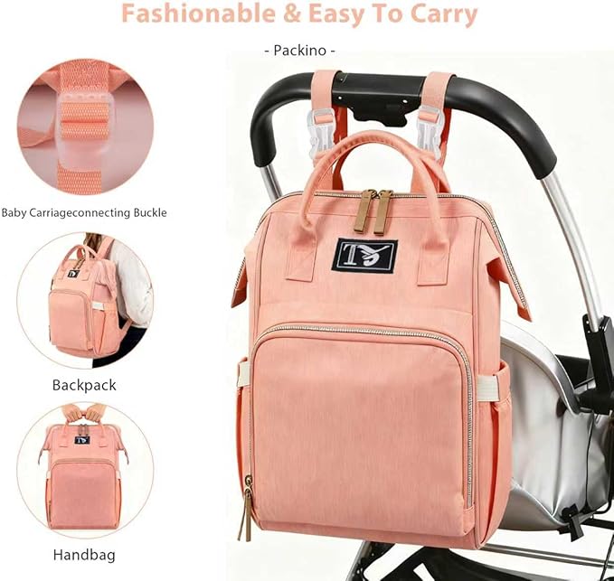 Diaper Bag Backpack for Women - Multifunction Travel Essentials Baby Diaper Bag with Changing Pad, Large Backpack Baby Girl Boy, Insulated Bottle Holders & Stroller Straps (Pink+Orange)