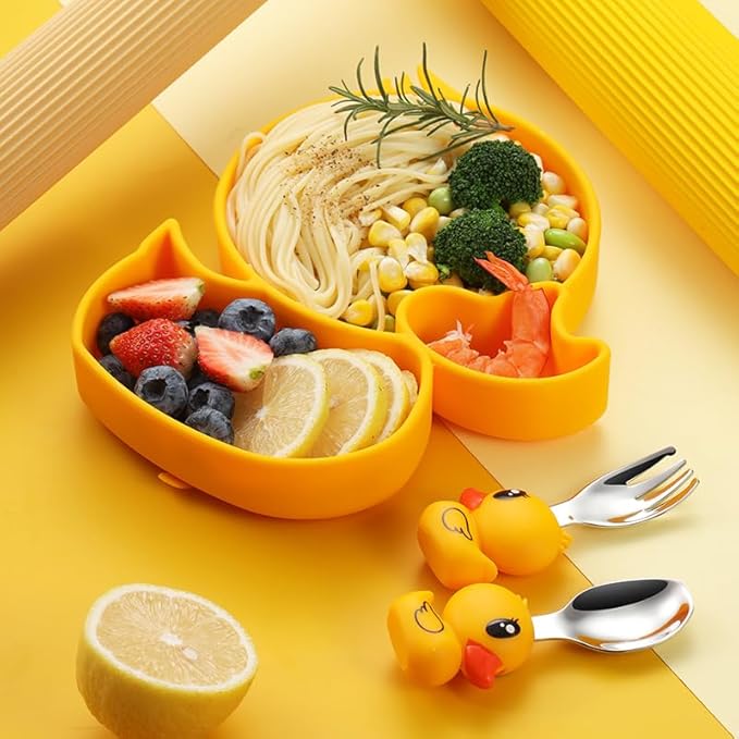 5-Piece Silicone Baby Feeding Set ??Baby Plates with Strong Suction, Toddler Plates Set, Unbreakable Food-Grade Silicone Divided Plate with Spoon, Fork, Bib & Straw Brush
