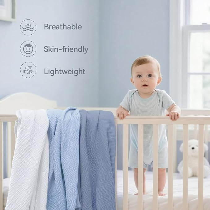 Muslin Swaddle Blankets for Baby Boy - 3 Pack 47x47 Inch Large Receiving Blankets, Soft Breathable Cotton Nursery Swaddles for Newborn, Infant & Todler (Blue, White, Dusty Blue)