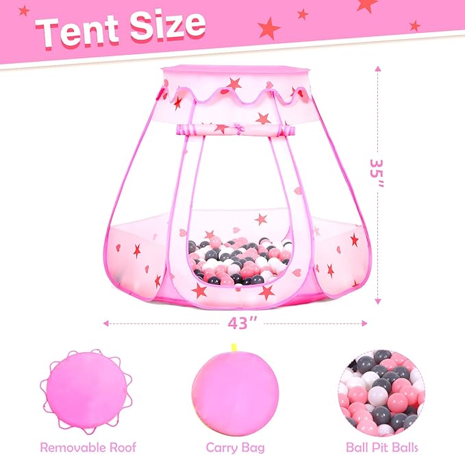 Baby Ball Pit for Toddler with 50 Balls, Kids Pop Up Play Tent for Girls, Princess Toys for Children Indoor & Outdoor Playhouse with Carry Bag (Pink: Pink/White/Gray, 109x90cm/50 Balls)