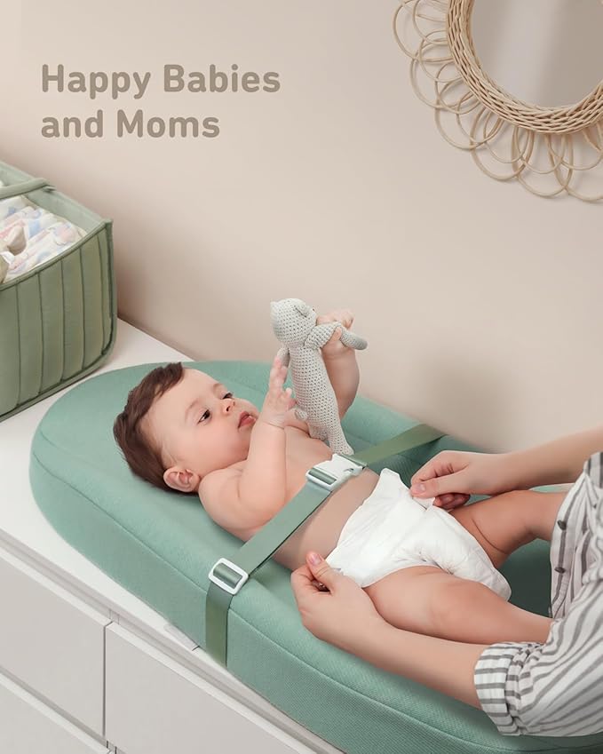 Contoured Changing Pad with Soft & Washable Cover, Waterproof Lining Foam Baby Changing Table Pads for Dresser Top, Secure with Security Strap and Two High Curved Sides, 32?�Ã?6?? Sage Green