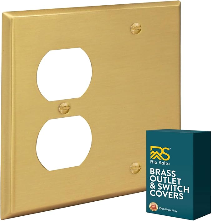 Rio Salto Metal 2-Gang Gold Outlet Cover or Light Switch Cover Wall Plate, Blank Duplex Combination Corrosion Resistant Receptacle Wallplate 2 Gang Double STANDARD SIZE Brass (Blank Duplex Combo)
