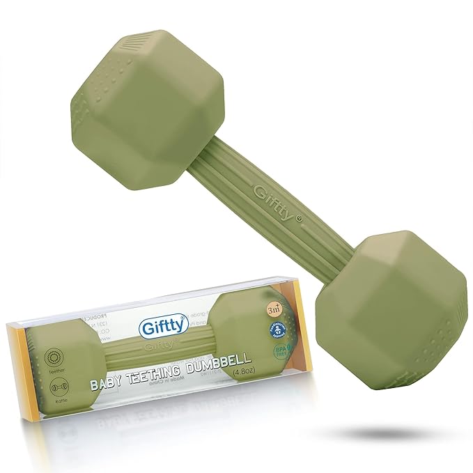 Baby Dumbbell Toy - Silicone Infant Rattle Teething Toy Teether Toddler Sensory Toy Durable Safe Exercises Workout Weight - Great Gift for Girls and Boys (1pcs - Green)