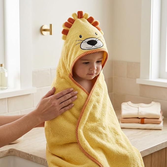 EVERYDAY KIDS Hooded Baby Toddler Bath Towel for Boys and Girls - 3D Yellow Lion with Mane; Soft and Absorbent Terry Cloth Hooded Towel for Young Kids; Gender Neutral Baby Bath Essential