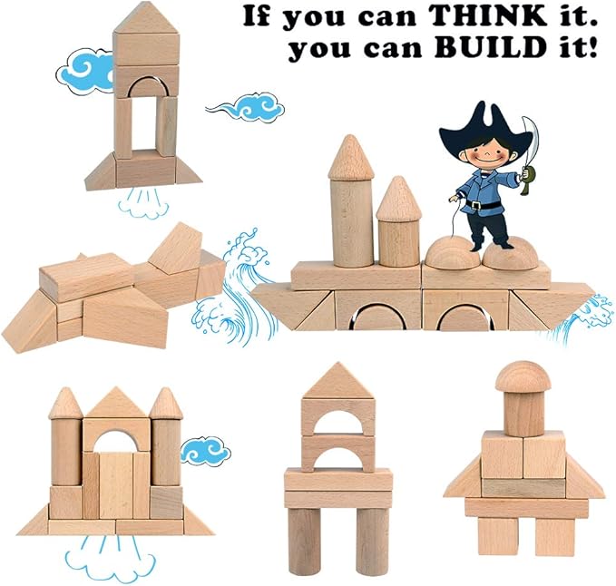 Migargle Wooden Building Blocks Set for Kids - Stacker Stacking Game Construction Toys Set Preschool Colorful Learning Educational Toys - Geometry Wooden Blocks for 3+ Year Old Boys & Girls