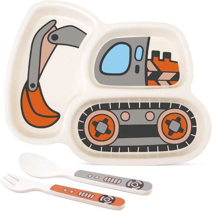 Kids Plate Set, Included Plate Fork and Spoon 3-Piece Set - Toddler Plates Dinnerware Dinner Dish Set Baby Feeding Divided Plate - Child Portion Control Dish Tray (Excavator Grey)