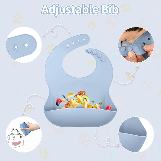 5-in-1 Stainless Steel Baby Feeding Set, Suction Divided Plates, Bowls, Silicone & Stainless Spoon Fork, Baby Tableware for Self-Feeding, Durable, BPA-Free (Blue)