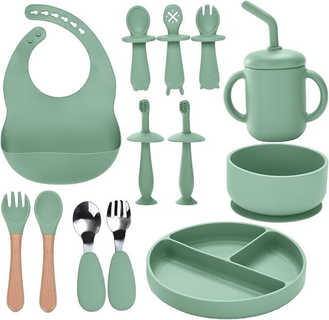 Silicone Baby Feeding Set,13PCS Baby Feeding Essentials with Suction Bowl and Plate,Spoons & Forks,Bib & Cup,Baby Toothbrush,Baby Led Weaning Supplies for 6+ Months,Baby Eating Essentials(Light Green)
