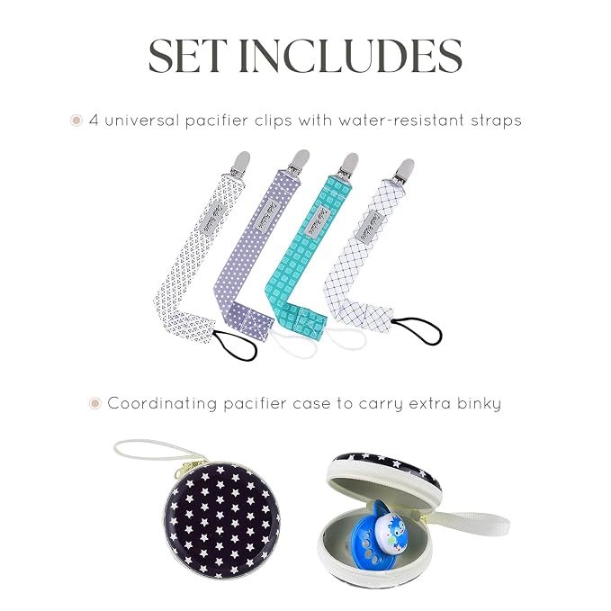 Dodo Babies Pacifier Clip Set - Universal Pacifier Holder for Boys & Girls - Multipurpose Baby Clip Secures Teethers - Travel Case Stores Baby Essentials - Teal, Blue & Grey