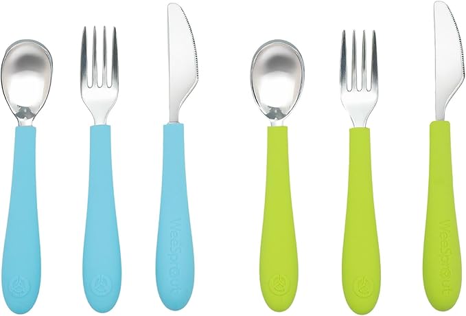 Kids Stainless Steel Utensils Set - Premium 18/8 Grade Silverware Kit - 2 Spoons, 2 Forks, and 2 Knives for Ages 4-7 - Silicone Easy-Grip Handles - Children Flatware Cutlery (Bright - Blue, Green)