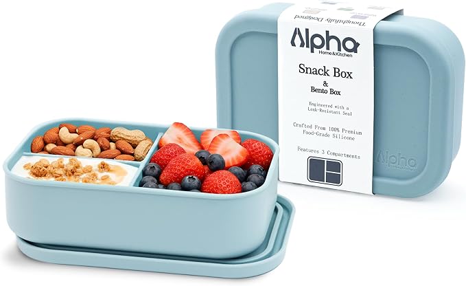 Silicone Bento Box for Kids, 3 Compartment Lunch Box, Small Portions, BPA Free Snack Container, Leak Resistant, Easy to Clean, Dishwasher Safe