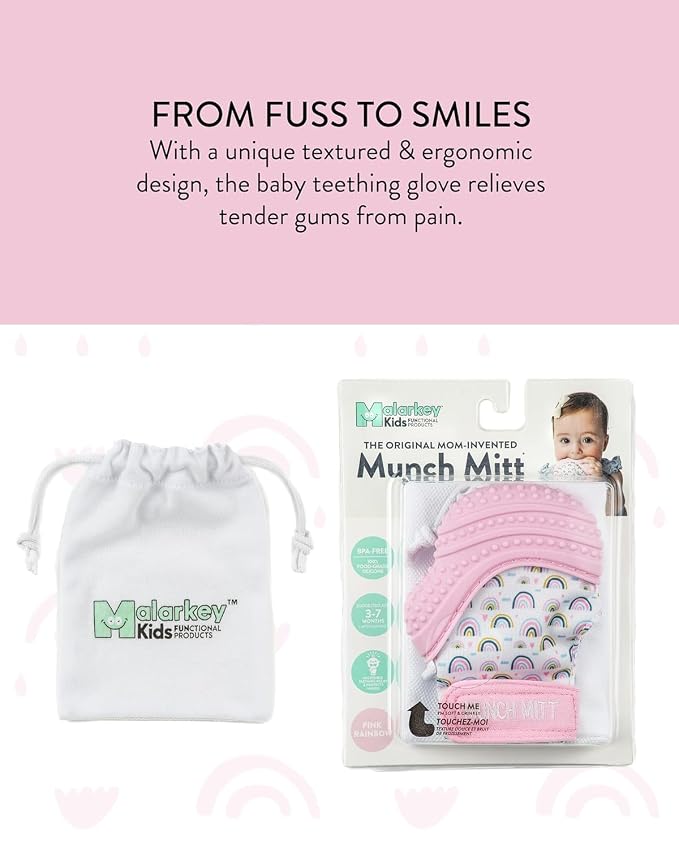Munch Mitt Patented Teething Mitten Baby Chew Toy - Protects Hands from Chewing & Saliva, Heals Aching Gums, Promotes Sound & Visual Stimulation for Babies - Pink Rainbow