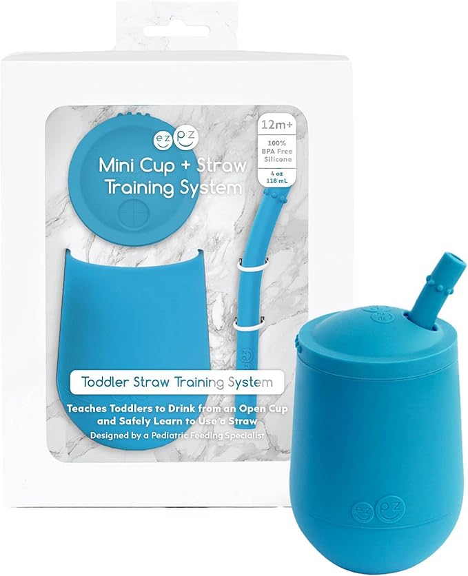 ezpz Mini Cup + Straw Training System (Blue) - 9 Months+ - 100% Silicone Training Cup for Infants + Toddlers - Designed by a Pediatric Feeding Specialist