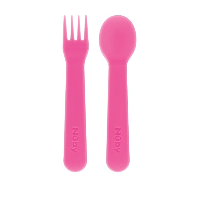 Nuby Toddler Utensils with Travel Case - Self-Feeding Fork & Spoon Set for Kids - Easy-to-Hold Training Utensils with Rounded Safe Edges for Independent Mealtime - Rainbows