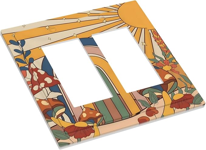 Boho Sun Rainbow Mushroom Hippie Vintage Floral Decorative Outlet Covers 2 Gang Double GFCI Rocker Electrical Wall Panels Light Switch Cover Plate for Kids Room Nursery Decor