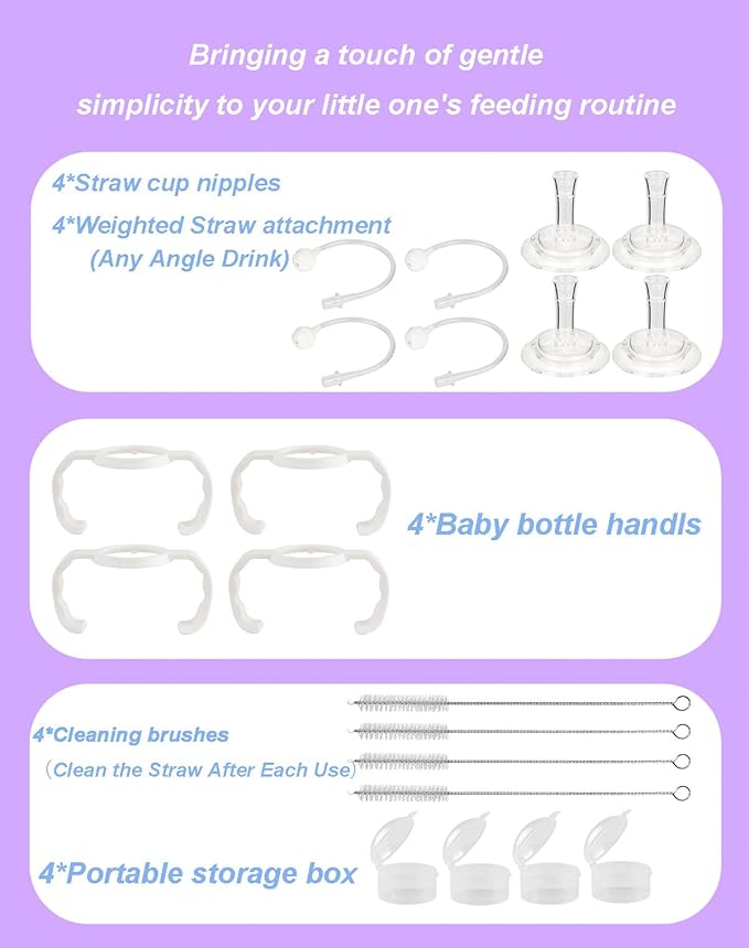 Straw Cup Conversion Kit for Dr Brown Narrow and Narrow Glass Baby Bottles, Weighted Straw Replacement with Soft Straw Top and Handle, for Babies 6+ Months, Set of 4