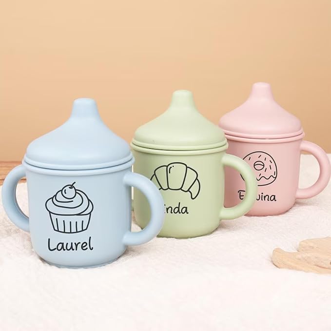 Personalized Baby Sippy Cup with Engraved Name Soft Silicone Training Cup for 6+ Months | Leak Proof, 5oz Toddler Cup with Handle | BPA-free Newborn Gift