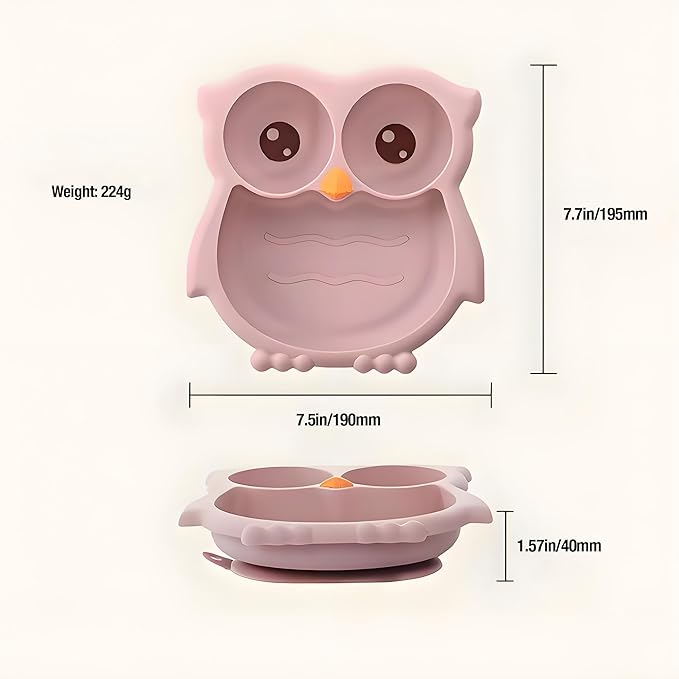 PandaEar Toddler Suction Plates, Stay Put Divided Baby Plates, Owl Shape BPA-Free 100% Food-Grade Silicone Unbreakable Baby Plate, Baby Feeding Supplies (Pink)