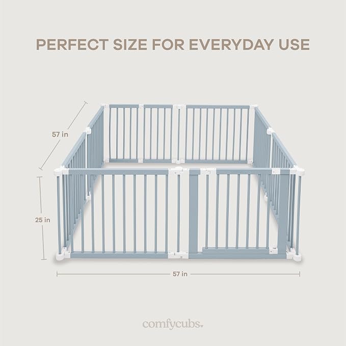 Comfy Cubs Baby Gate Playpen - 57 x 57 x 25 in, Extends Up to 228” - Pine Wood Foldable Playpen with Child-Proof Lock - Easy Assembly Baby Fence Play Area for Babies & Toddlers - Pacific Blue