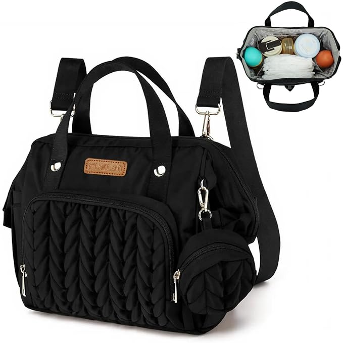 FHELAD Small Diaper Bag Backpack, Toddler Diaper Bags Waterproof Multi-Function Newborn Baby Stylish Mini Tote Maternity Bags (Black with Pacifier Case)