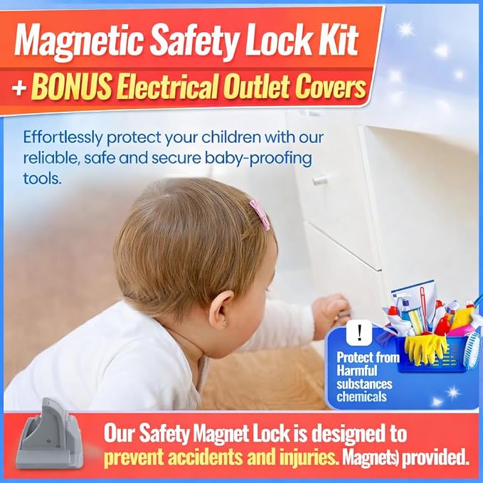 Little Lovlies™ Magnetic Child Safety Cabinet Locks – Easy Install, No-Drill, Strong 3M Adhesive, 4 Locks + 1 Key, Ideal for Cabinets, Drawers, and Furniture – White