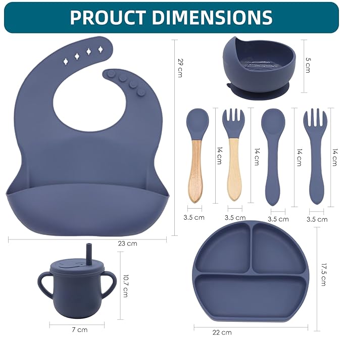 100% Silicone Baby Feeding Set, BPA Free Baby Dishes with Suction Bowl, Divided Plate, Toddler Self Feeding Dish Set with Spoons, Forks, Sippy Cup and Bib, Baby Eating Utensils (Navy Blue)