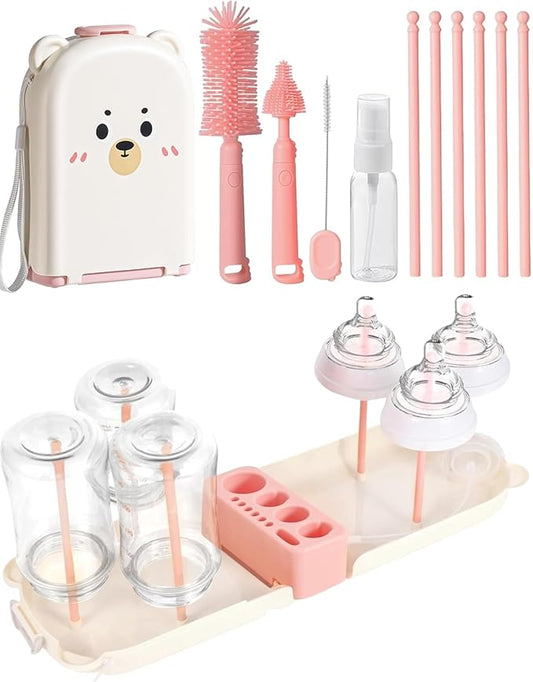 Travel Bottle Cleaner kit, 7in1 Baby Travel Essential Silicone Travel Bottle Brush Set Nipple Drying Rack, Straw Breast Pump Cleaning Soap Dispenser Organizer Case Mon Gift (Pink)