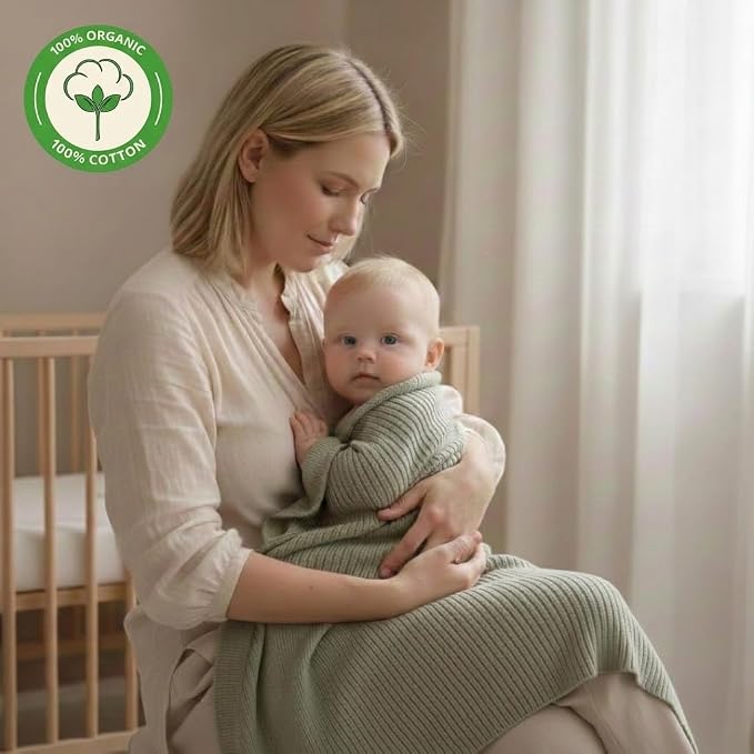 100% Organic Cotton Knit Receiving Baby Girl Blanket for Newborns - Soft, Breathable Swaddle Blanket for Crib & Stroller - Nursery Gift 2-Pack (Ribbed Fog/Roman Green)