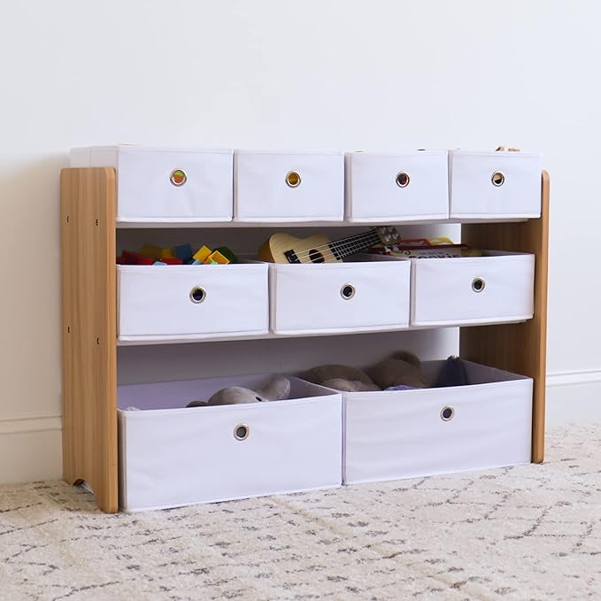 Humble Crew Toy Storage Organizer with 9 Removable Fabric Bins, Natural/White ??Premium Playroom Toy Organizer for Toddlers Ideal for Kids' Rooms, Playrooms, and Nurseries - Modern Toy Bins for Kids