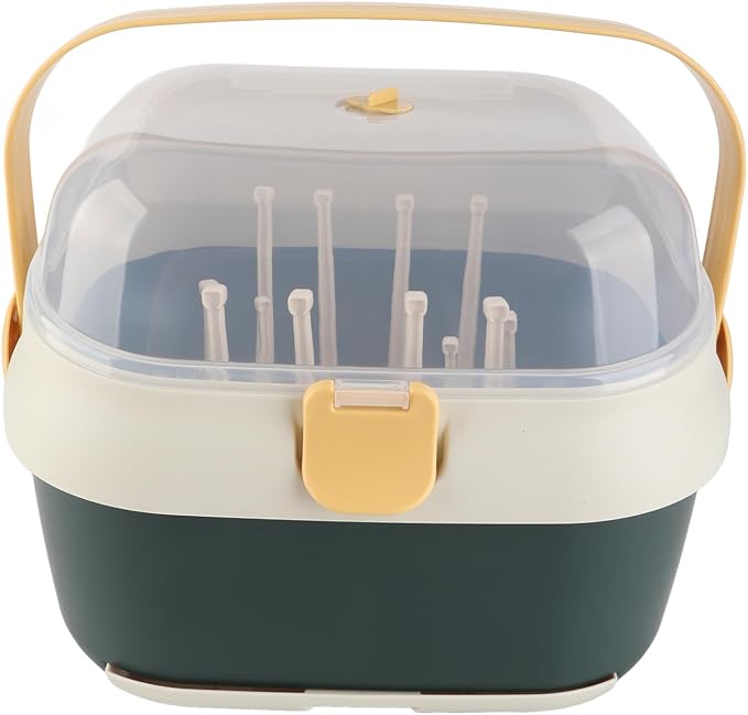 Baby Bottle Drain Rack, Feeding Cup Holder, Portable Large Capacity Toddler Bottles Storage Box with Lid Cover, Multifunctional Anti Dust Cutlery Storage Drying Rack for Teats, (New Green)