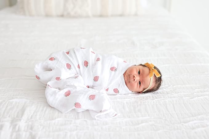 Lulujo Baby Swaddle Blankets | Unisex Softest Breathable Cotton Muslin Swaddle Blanket Set | Neutral Receiving Blanket for Girls & Boys | 40in x 40in | Strawberries & Ballet Slipper | 2-Count