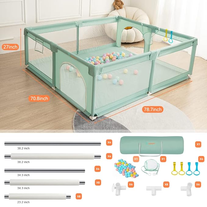 COMOMY Playpens for Babies and Toddlers, 79"x71" Baby Playard Extra Large, Safe and Non-Slip Baby Fence, Full Mesh Design, Indoor & Outdoor Kids Activity Center, Play Pens (Dark Green)