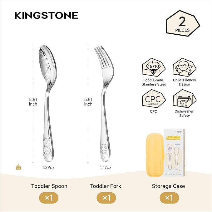 KINGSTONE 2-Piece Toddler Utensils Set, Small Fork & Spoon with Storage Case, 18/10 Stainless Steel, Lightweight, Ergonomic for Self-Feeding, Travel & Portable Kids Flatware, Honey Bear Print