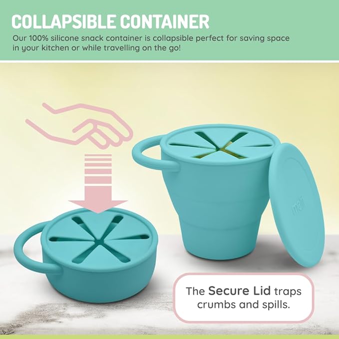 melii 100% Silicone Collapsible Snack Container With Finger Trap, Perfect for on the Go, Easy to Open Lid, Dishwasher, Microwave, Freezer Safe, BPA Free - Blue