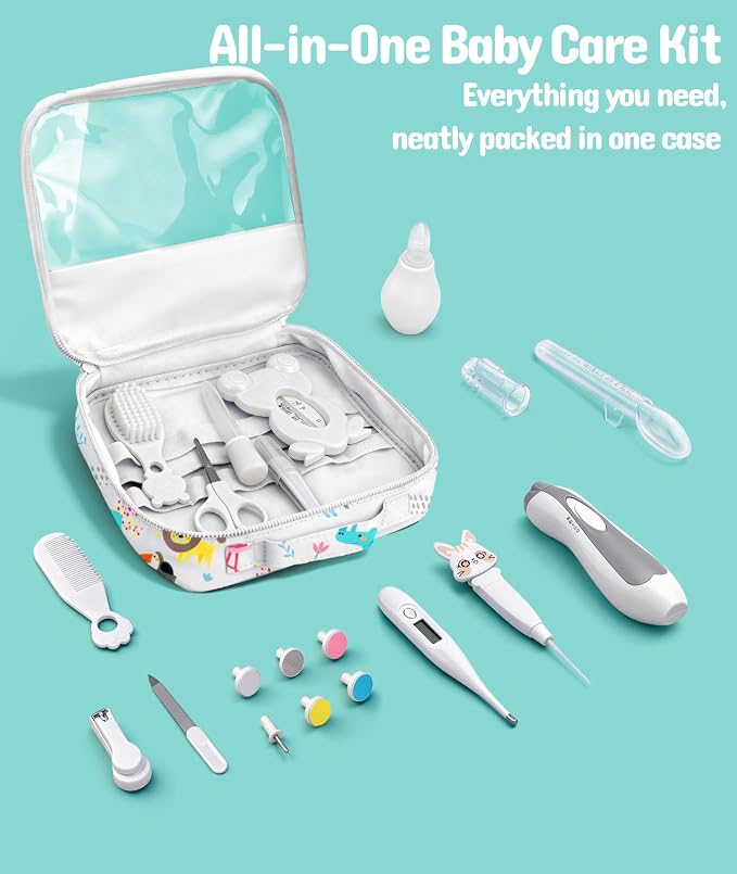 Baby Healthcare and Grooming Kit, Electric Safety Nail Trimmer Baby Nursery Kit, Newborn Care Kits with Hair Brush Comb for Newborn Infant Toddlers Baby Boys Girls Kids, Baby Shower Gifts (White)