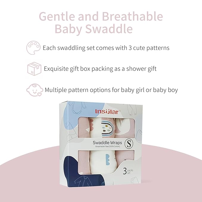 insular Baby Swaddle Wrap, Swaddle Blanket for Newborn and Infant, Adjustable Swaddling Set for Boy and Girl, Soft Cotton Baby Sleep Sack 3 Pack, Pink Swan, Small(0-3 Month)