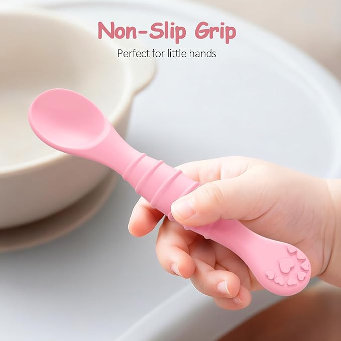 5 Pack Baby Spoons First Stage Feeding - Soft Silicone Self Feeding Training Utensils for Infant & Toddler - BPA Free BLW Weaning Supplies with Choke Guard - Dishwasher Safe Gentle on Gums