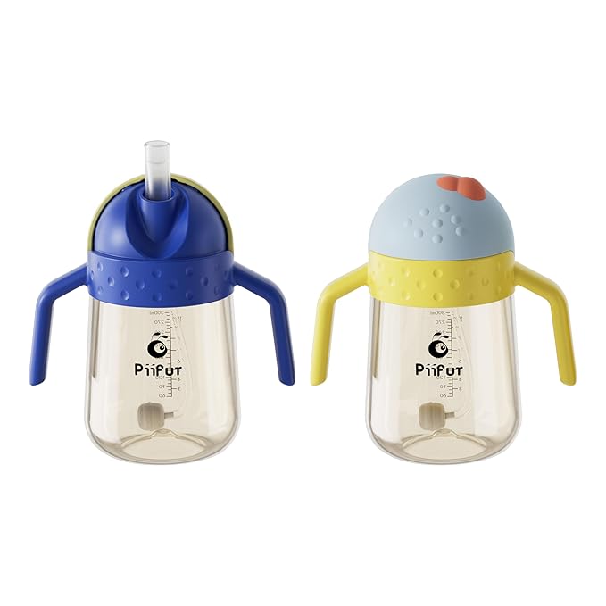 Piifur Weighted Straw Sippy Cup Spill Proof Water Bottle with Fixed Handle for Baby 6+ Months, 10 Ounce 2 Pack(Blue/Yellow)