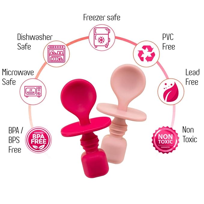 Silicone Baby Spoons for Baby Led Weaning 2-Pack, First Stage Baby Feeding Spoon Set Gum Friendly BPA Lead Phthalate and Plastic Free, Great Gift Set (Pink)